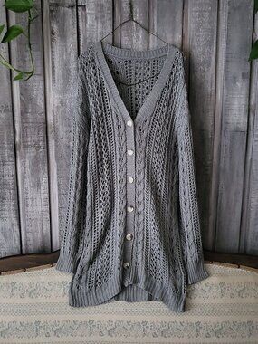 Grey Crochet Open Work Cable Knit Button Up Cardigan Sweater S Relaxed Fit NWOT